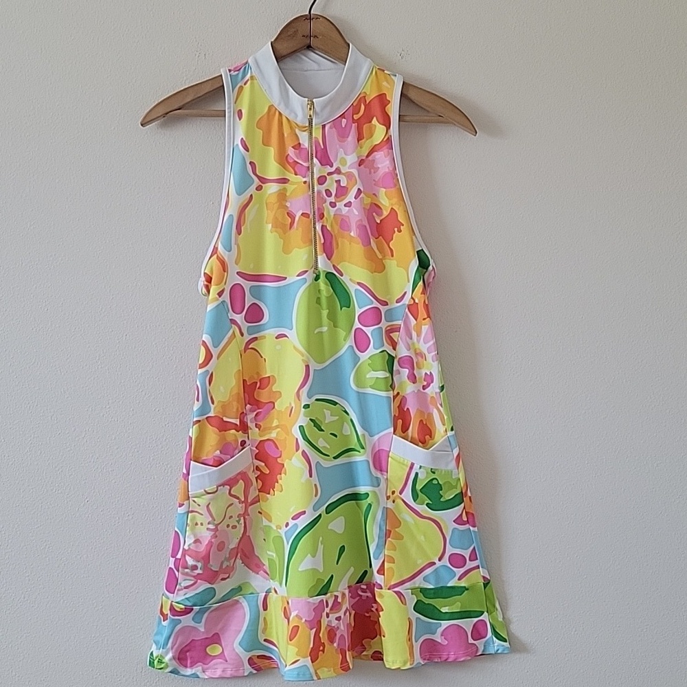 Allie‎ Burke Floral Print Flounce 1/4 Zip Golf Dress Short Size SMALL